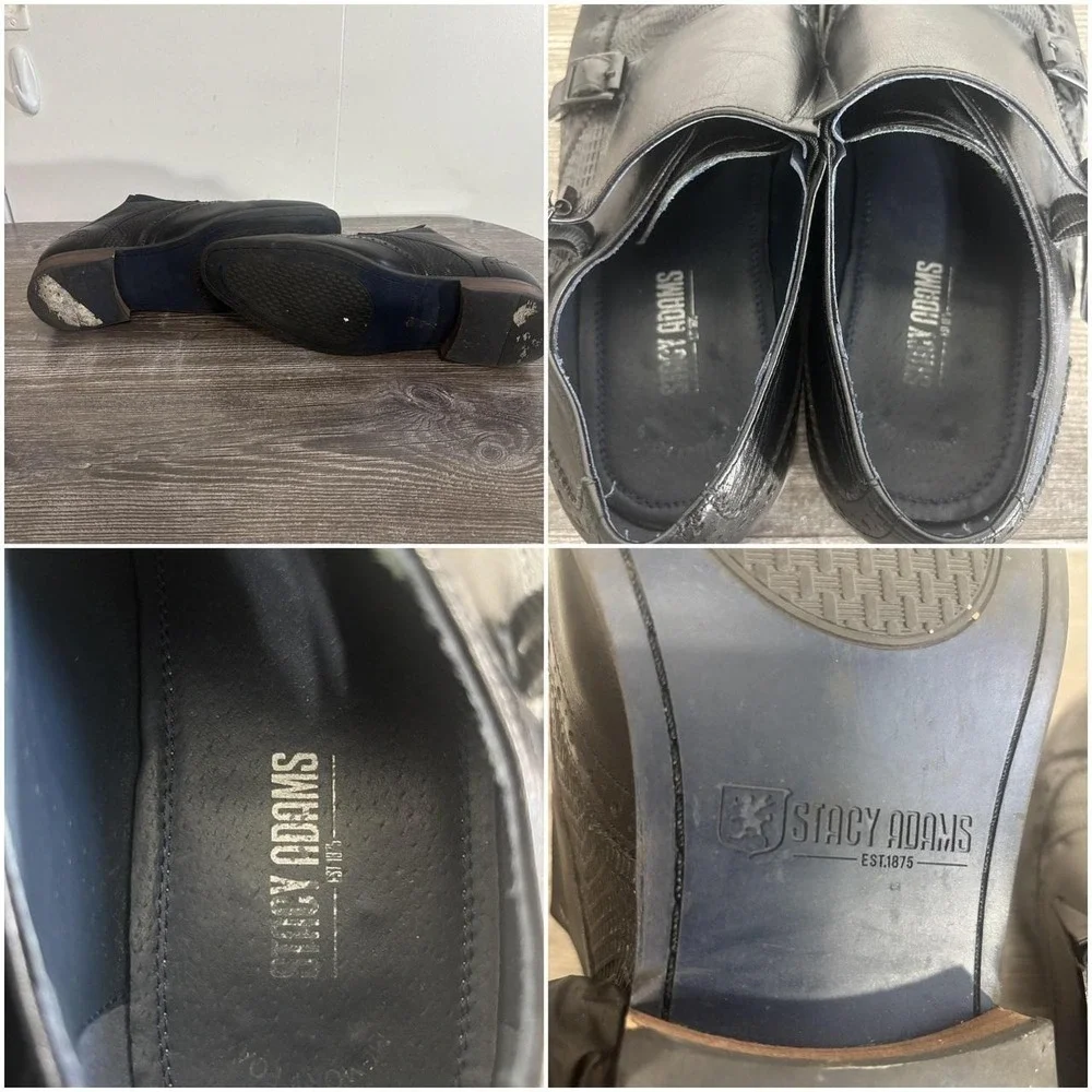 Stacy Adams Shoes Mens Size 10 Black Leather Monk Strap Wingtip Dress 25239-001